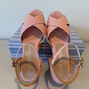 Stuart Weitzman Striped Espadrille Wedge Sandals Orange Size7.5 NIB